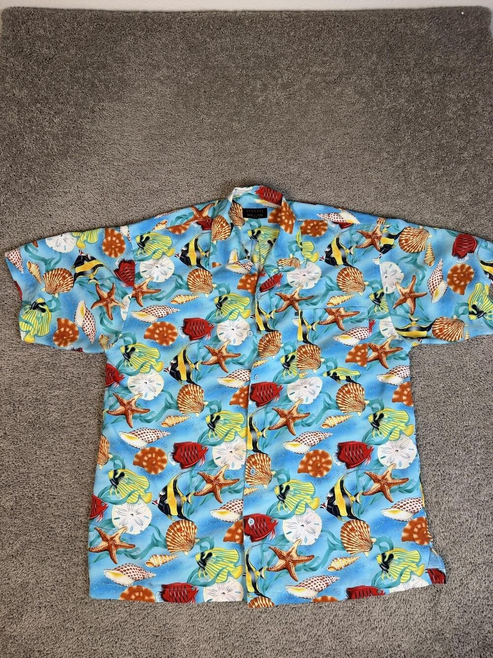 Vintage Barcode Shirt Mens XL Blue Aqua Sealife Angel Fish Hawaiian Polyester